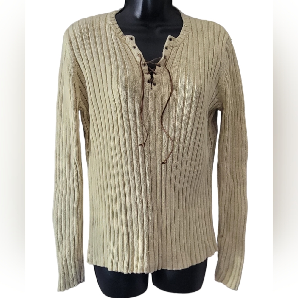 Lauren Ralph Lauren Tan Fisherman Sweater Womens L Silk Linen Cotton Leather Tie